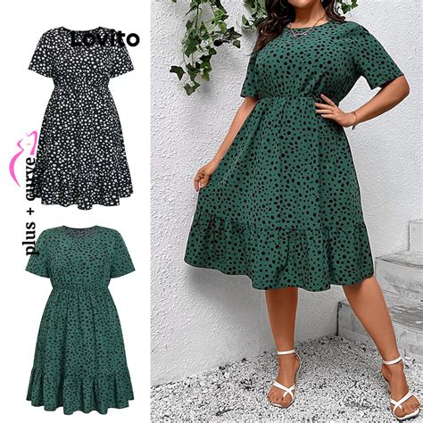 Lovito Plus Size Curve Casual Polka Dot Ruffle Hem Dress For Women