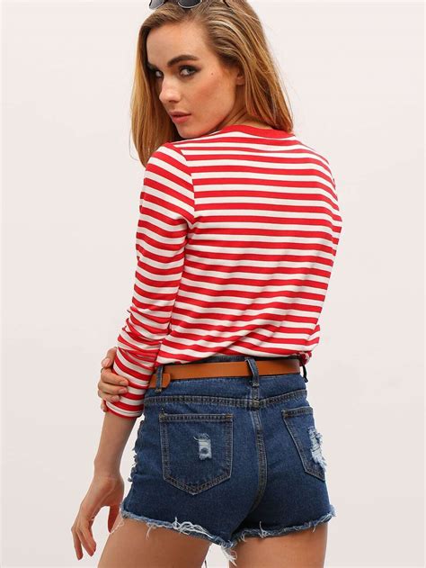 Red White Long Sleeve Striped T Shirt Shein Sheinside