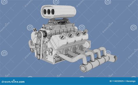 Technical Rendering Of V8 Sports Car Engine Stock Illustration