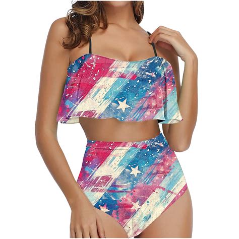 Utsjkr Deals Women High Waisted Swimsuit American Flag Flounce Swimwear Two Piece Bikini Sets