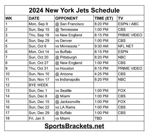 New York Jets Schedule Printable