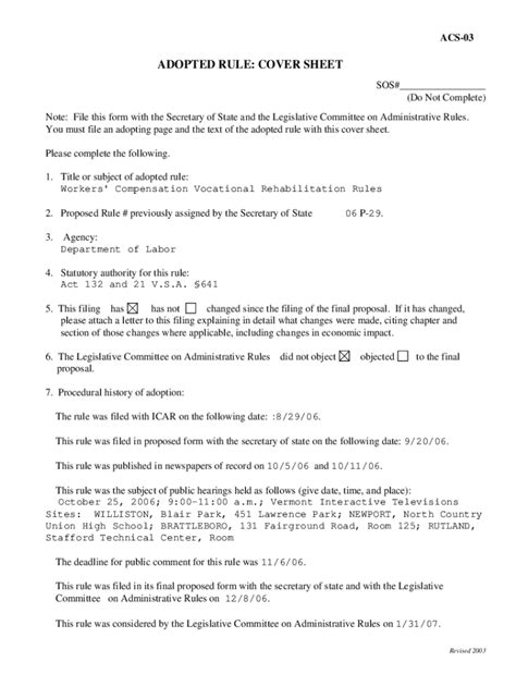 Fillable Online Labor Vermont Adopted Rule Cover Sheet Doc Fax