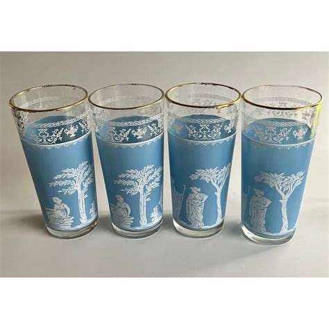 1950s Jeanette Hellenic Wedgwood Blue Jasperware Highball Tumblers And Lowball Rocks Glasses