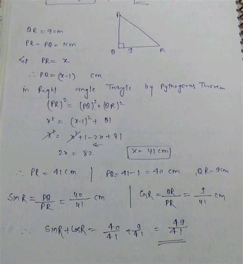 In Δ PQR right angled at Q PR QR 25 cm and PQ 5 cm