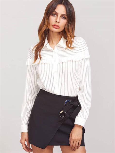 Shein Frill Trim Button Up Striped Shirt Shein Usa