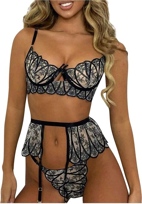 IILOOK Damen Embroidered Lace Bowknot Bra Thong And Garter Lingerie