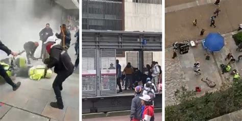 Manifestantes agreden a policía en Bogotá durante protestas indígenas