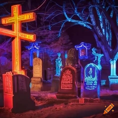 Neon Lit Cemetery At Night On Craiyon