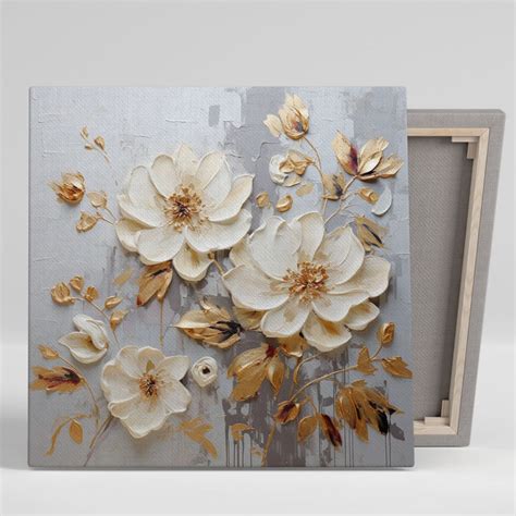 White And Gold Flower Wall Art Canvas Or Poster Flower Wall Decor