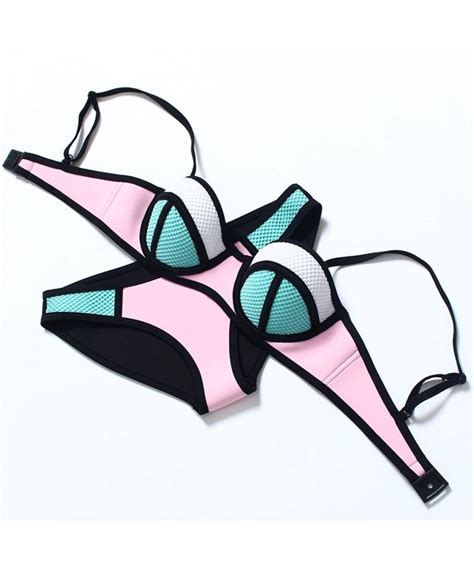 Women Color Conjoin Neoprene Bikini Set Swimwear Swimsuit Fba Pink