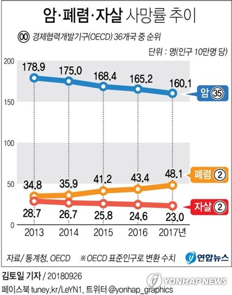 그래픽 한국 암 사망률 Oecd 36개국 중 35위 연합뉴스