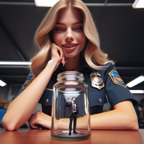 Captivating Blonde Student Policewoman Smirking In Glass Jar Scene AI