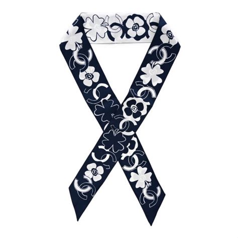 Chanel Silk Clover Cc Slim Bandeau Scarf Navy White Fashionphile