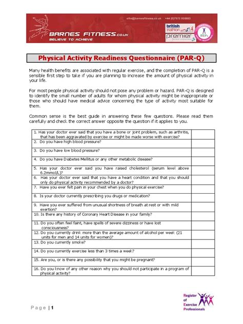 Bf Physical Activity Readiness Questionnaire Physical Exercise