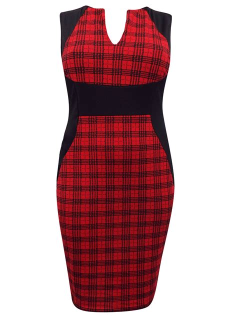 Praslin Praslin Red Check Print Curvy Contrast Panel Illusion Pencil Dress Plus Size 1