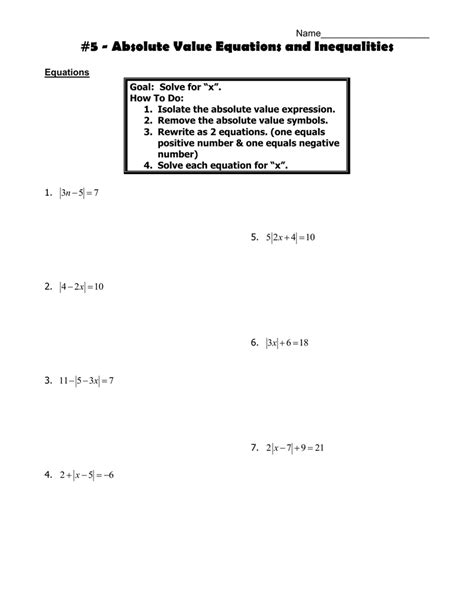 Absolute Value Inequalities Worksheet - E-streetlight.com