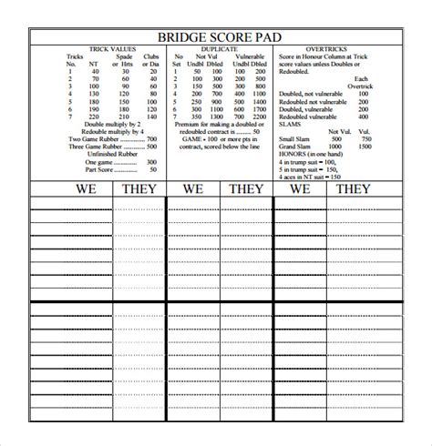 Free Sample Bridge Score Sheet Templates In Pdf