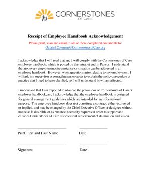 Fillable Online Receipt Of Employee Handbook Acknowledgement Fax Email