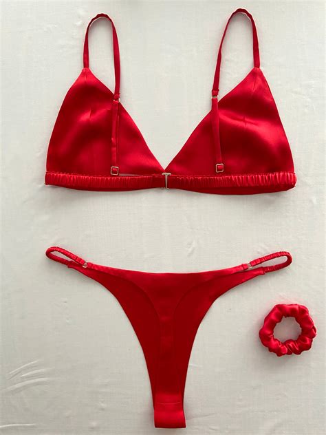 Red Silk Lingerie Set 100 Silk Bralette Thong Silk Satin Etsy