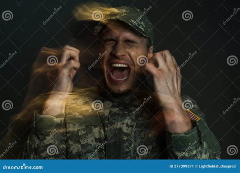 Double Exposure Of Anxious Soldier In Stock Image Image Of