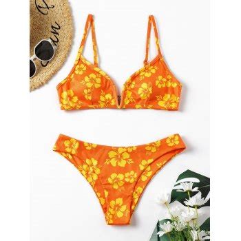 Emmiol Free Shipping V Neck Floral Bikini Swimsuit Orange L In Bikini Sets Online Store