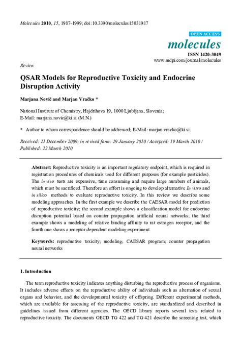 Pdf Qsar Models For Reproductive Toxicity And Endocrine Disruption