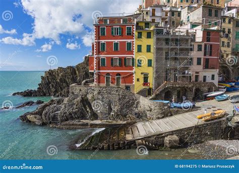 Riomaggiore Fisherman Village In A Dramatic Windy Weather Riomaggiore