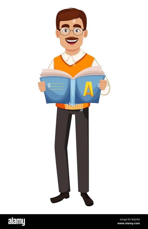 Back to school. Teacher man cartoon character holds abc-book. Teacher's ...