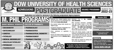 Dow University Of Health Sciences Duhs Admissions 2022 For M Phil 2024