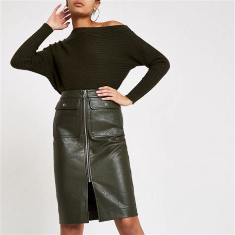 River Island Khaki Faux Leather Zip Front Midi Skirt Dark Green