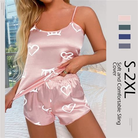 Women Love Heart Print Pijamas Set Sexy Lingerie Silk Pajamas Set Sleepwear Satin Cami Tops