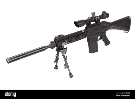 Sniper Rifle With Bipod And Silencer Isolated On A White Background