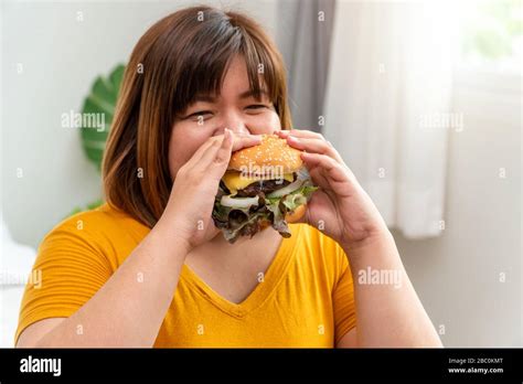 Hungry Overweight Young Asian Woman Holding Hamburger Her Hungry All