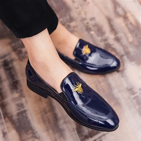 Blue Navy Glossy Patent Spider Mens Loafers Prom Flats Dress ...