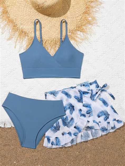 ENFLASH Girl S 3 Piece Swimsuits Floral Printed Bikini Bathing Suit With Cover Up Beach Skirt 13