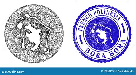 Mesh Net Stencil Bora Bora Map And Scratched Round Stamp Stock Vector