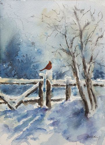 Cardinal Bird In Snow Scene Original Watercolor Red Bird On The Snowy