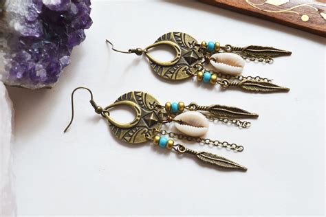 Bohemian Shell Earrings Long Boho Earrings Talisman Earrings