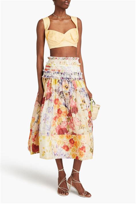 Zimmermann Ruffled Floral Print Linen And Silk Blend Gauze Midi Skirt