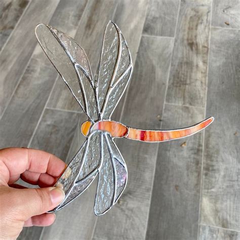 Dragonfly Stained Glass Suncatcher In Red Orange Streaky Handcrafted