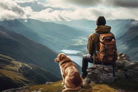 Homem Sentado Na Montanha Cachorro Em Vista Majestosa Homem