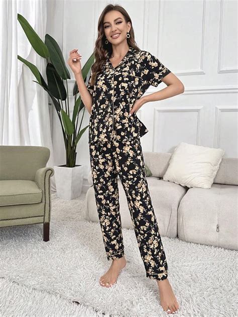 Floral Print Contrast Piping Pj Set Shein Usa