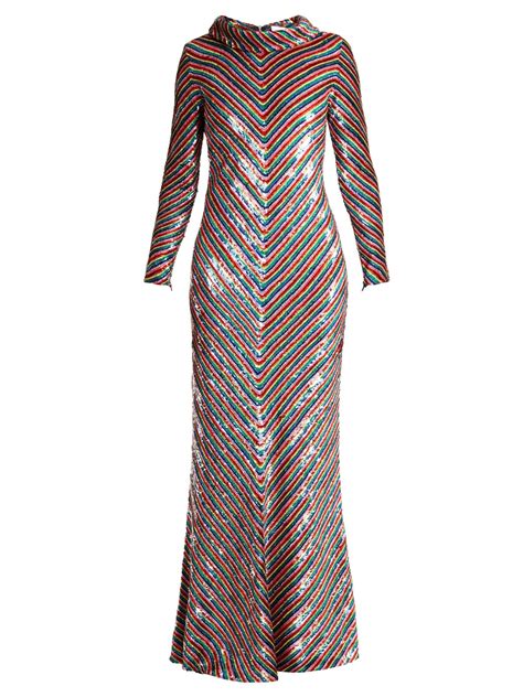 Rainbow Striped Sequin Embellished Silk Maxi Dress Ashish