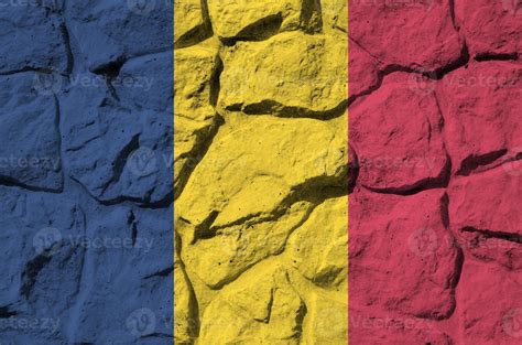 Chad Flag Depicted In Paint Colors On Old Stone Wall Closeup Textured