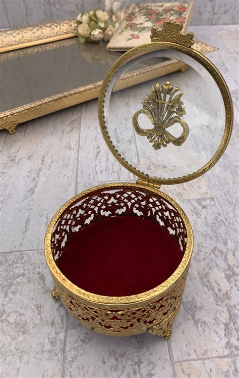 Vintage Jewelry Casket Gold Ormolu Filigree Round Trinket Box With Ornate Glass Lid Red Velvet