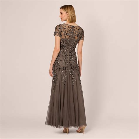 Hand Beaded Short Sleeve Floral Godet Gown In Lead Adrianna Papell