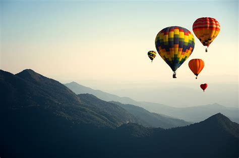 Hot Air Balloons With Landscape Mountain Stock Photo Download Image