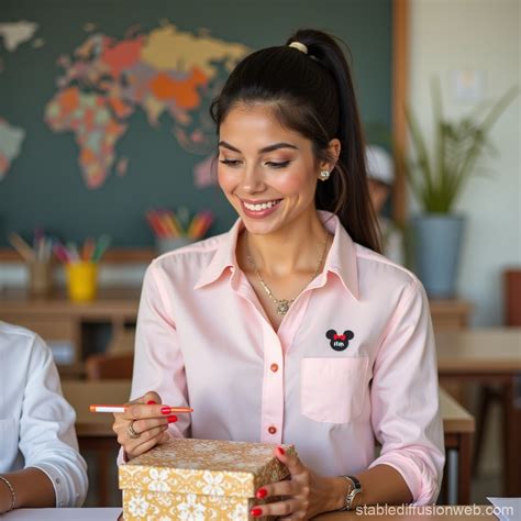 Latina Teacher Receives Gift Box Stable Diffusion Online