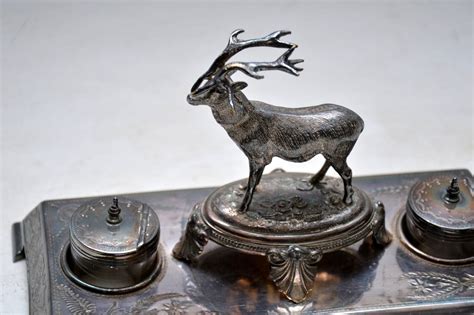 Antique Silver Plate Stag Inkwell Stand By James Deakin Marylebone