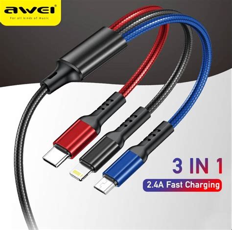 AWEI CL 971 3 In 1 USB Cable For Micro IP Type C 2 4A 1200mm